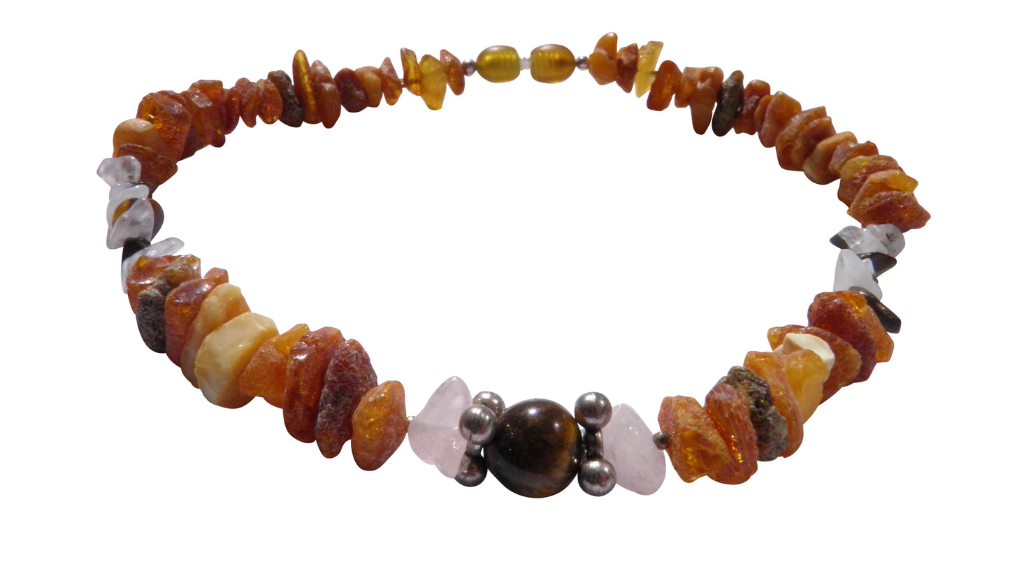 Bernsteinkette für den Hund mit Rosenquarz und Tigerauge Länge 31cm