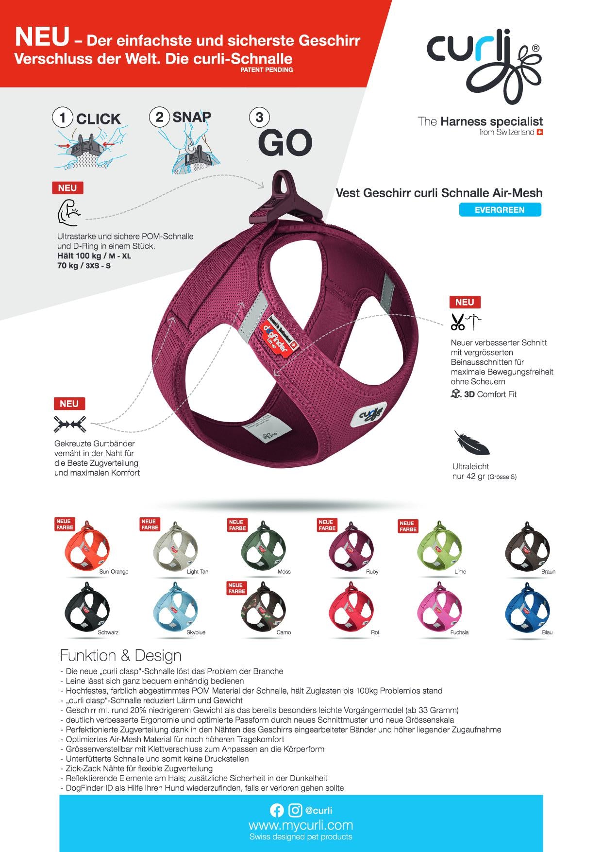 Curli Vest Harness curli Schnalle Air-Mesh Fuchsia